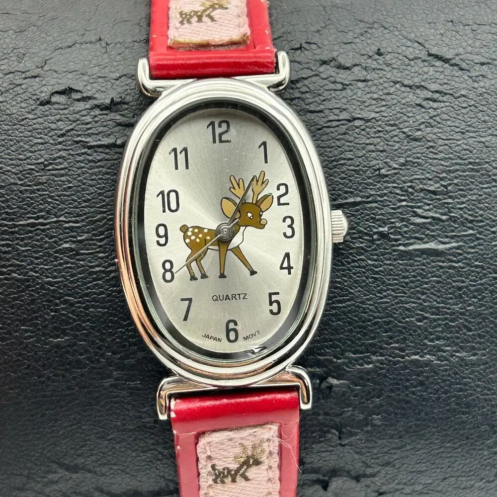 Reindeer Oval Dial Silver-tone Case Red & Pink Band Watch Working New Battery